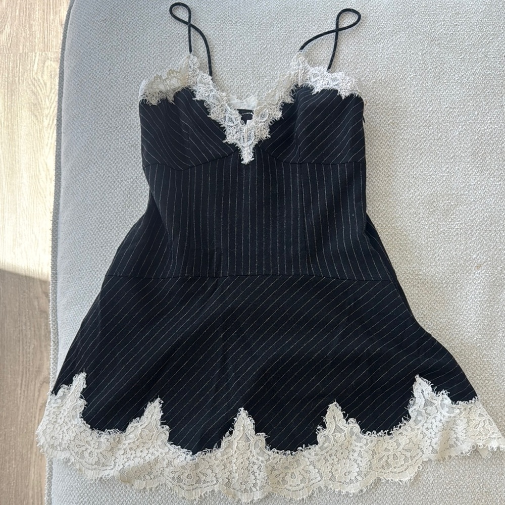 Black Pinstripe Dress with Lace Trim